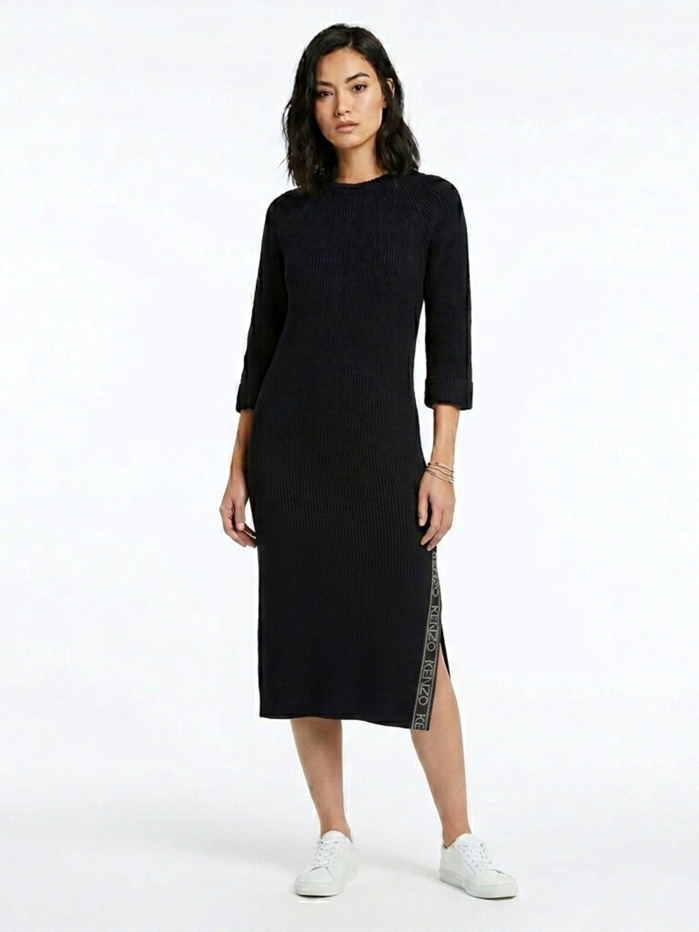 Kenzo Paris Knit Sweater Dress Black Cotton Wool Zip Slit Long Sleeve Midi Sz XS